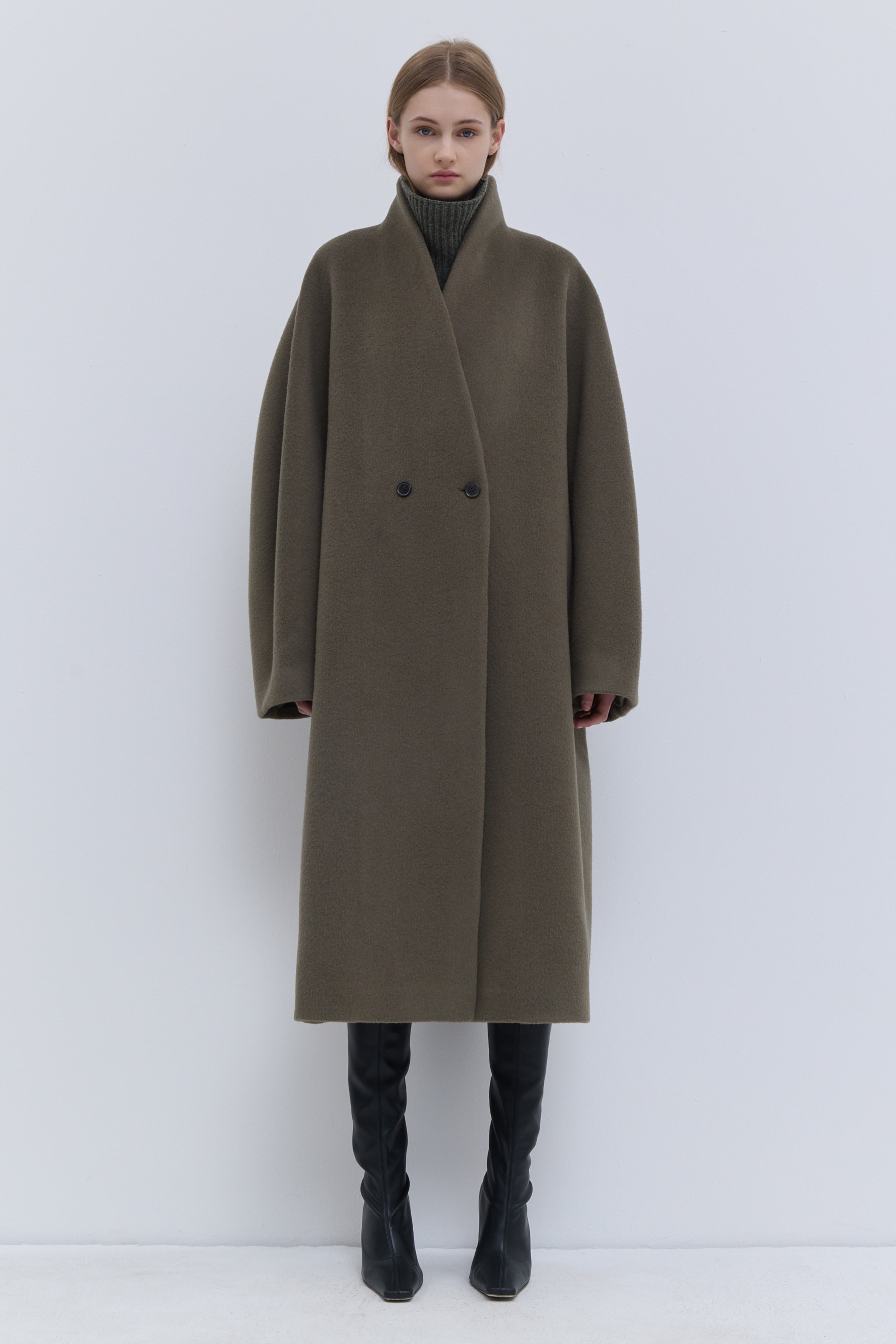 Laurel green alpaca and virgin wool coat for women