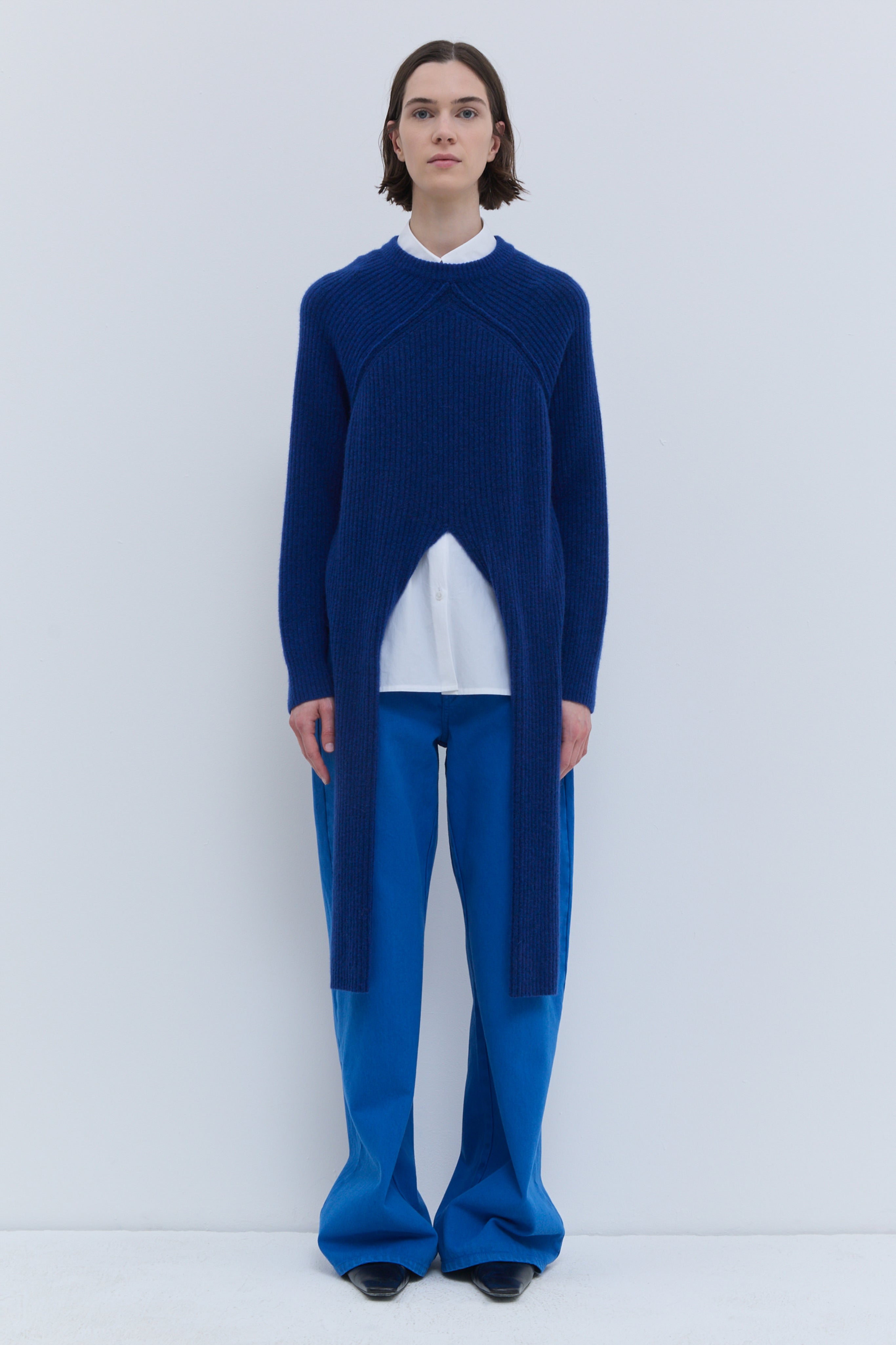 Kadoka deep blue ribbed-knit sweater with front ties