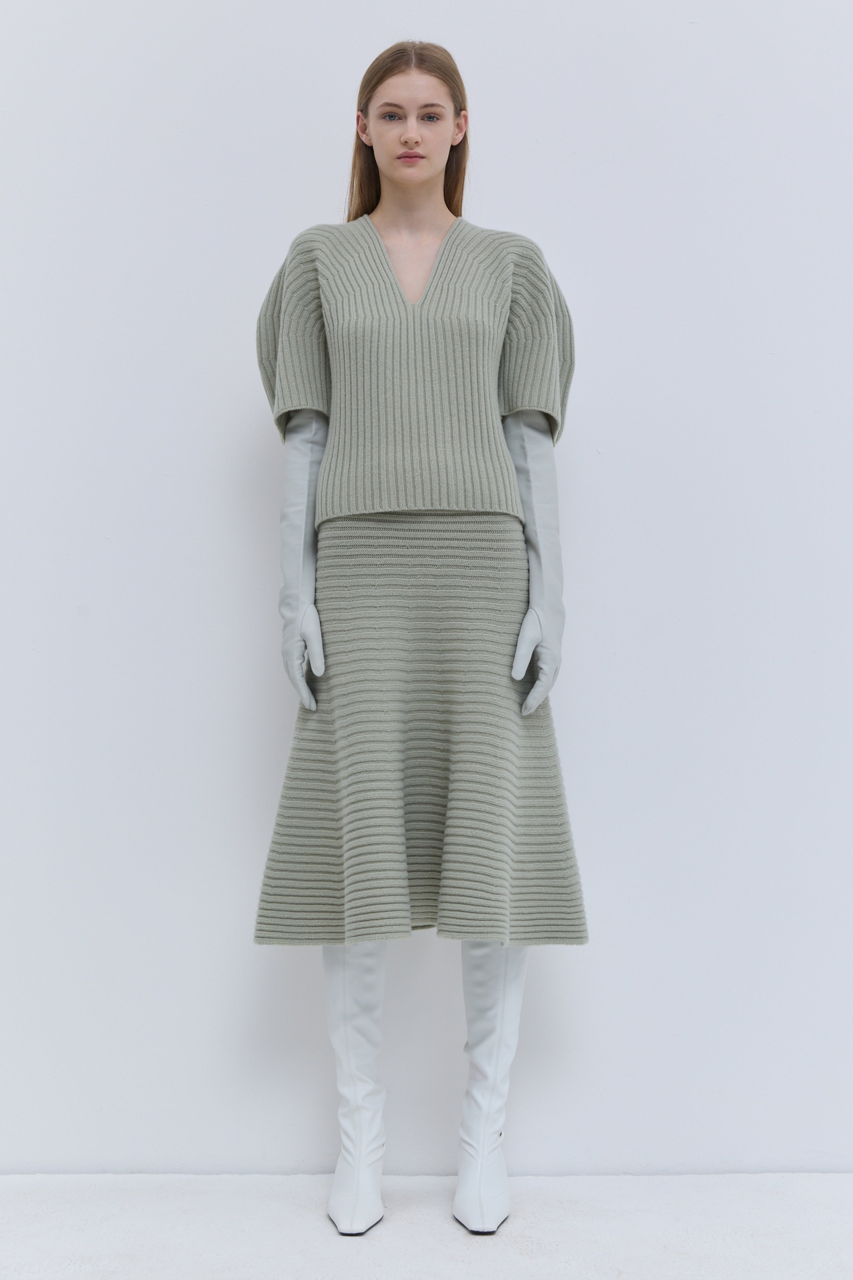 Kisha light sage 3D rib-knit top in superfine wool
