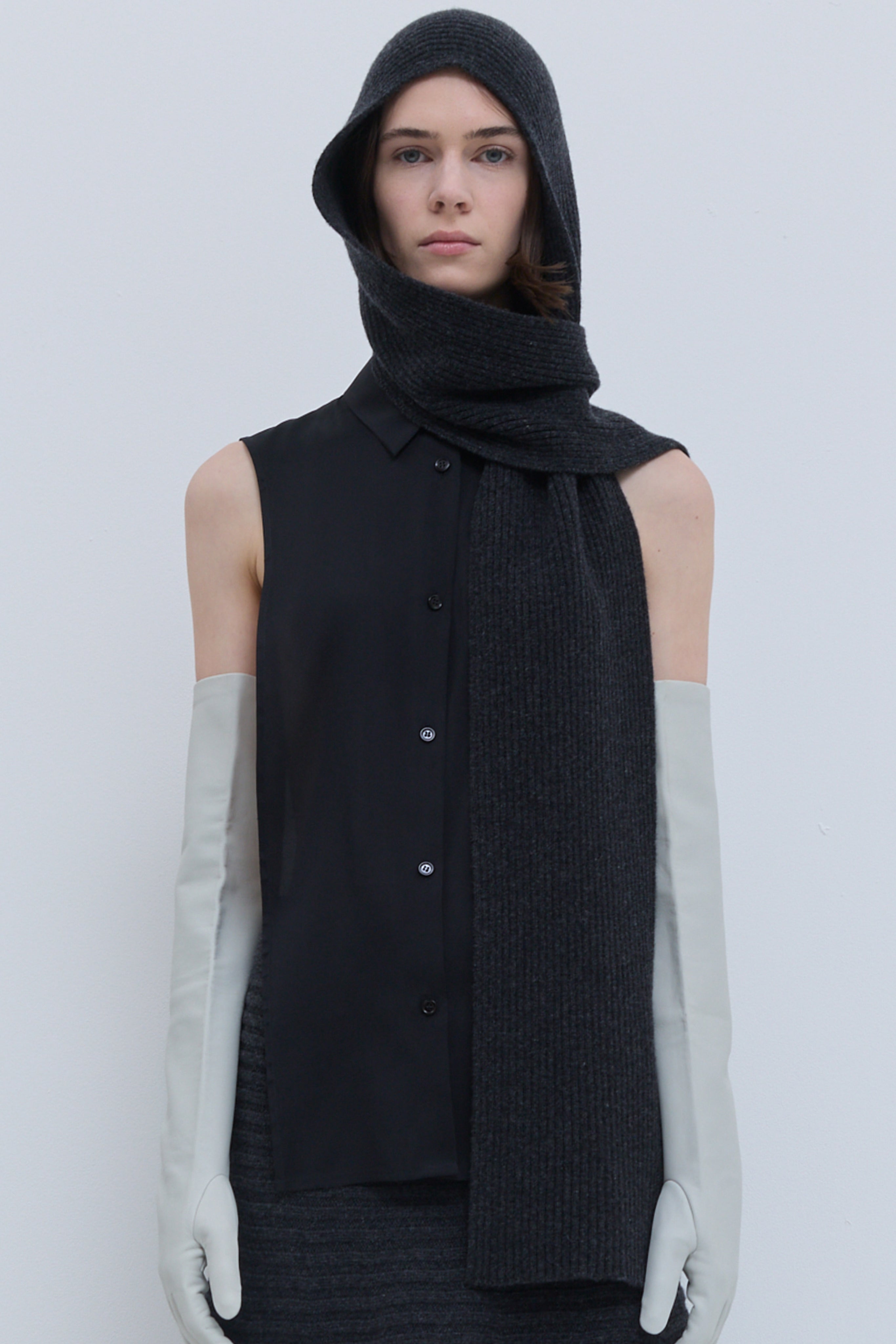 Christian Wijnants Kitia hooded scarf in charcoal 100% superfine wool