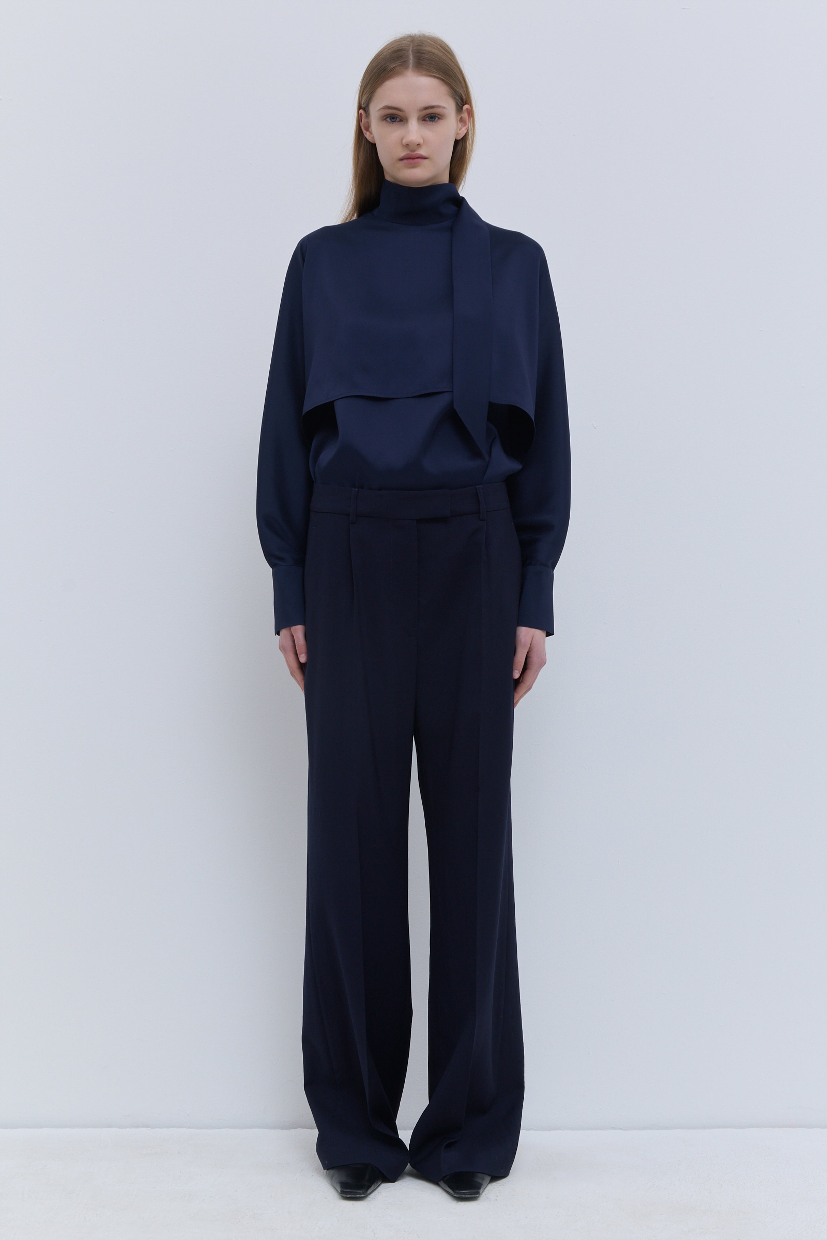 Christian Wijnants Dark Navy wool straight-leg trousers with tailored front crease, front view