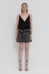 Dark denim shorts with folded waistband and belt detail