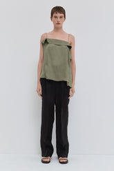Dark sage asymmetric top with thin straps and draped neckline