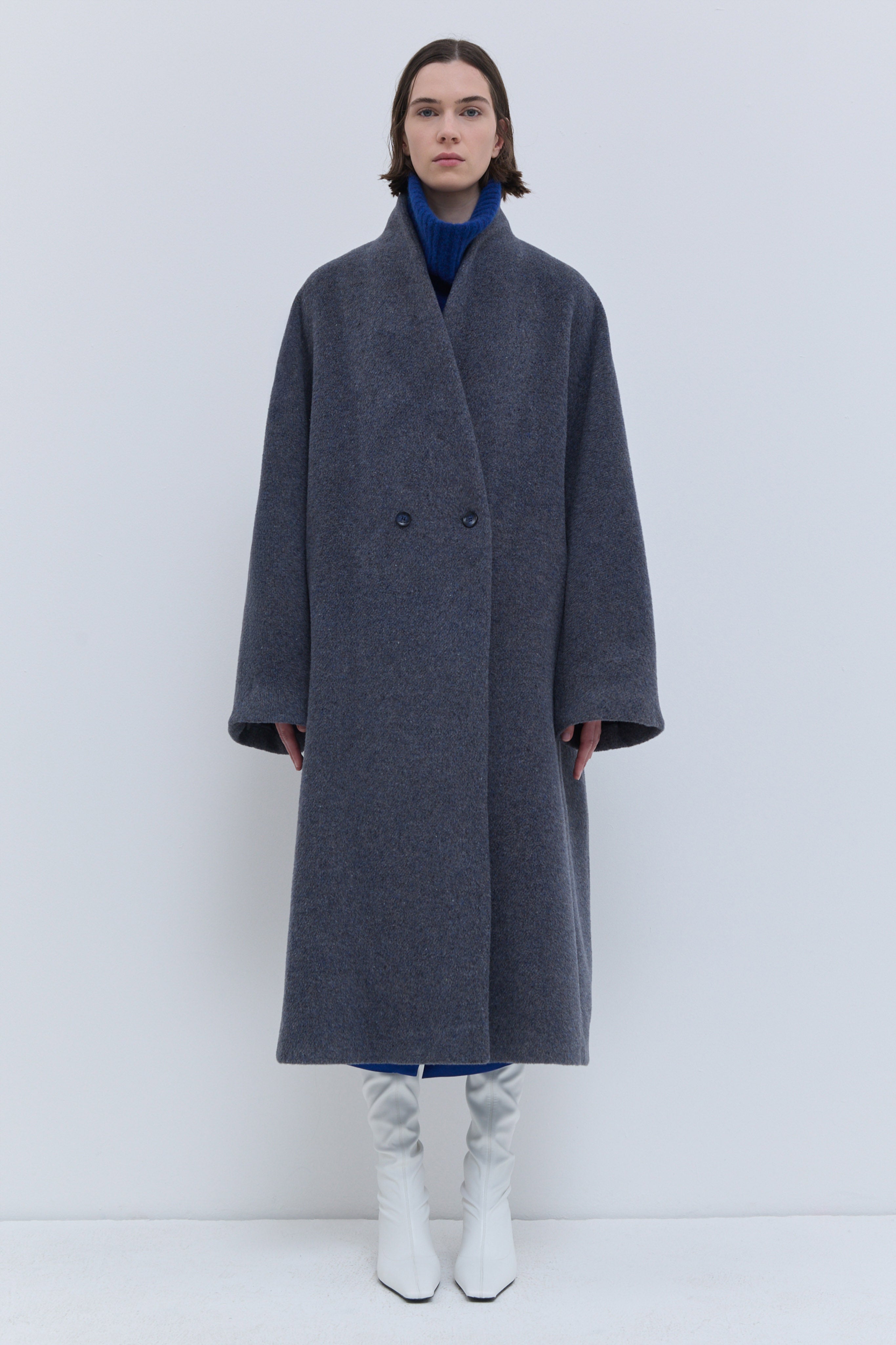 Dust blue alpaca and virgin wool coat for women
