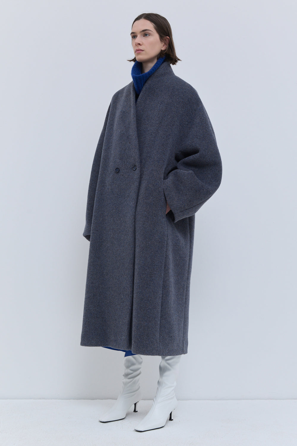 Caparis long wool coat with soft shawl collar in dust blue