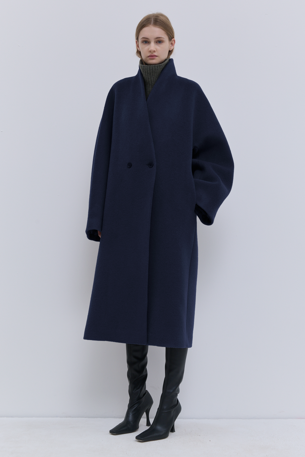 Dark navy alpaca and virgin wool coat for women