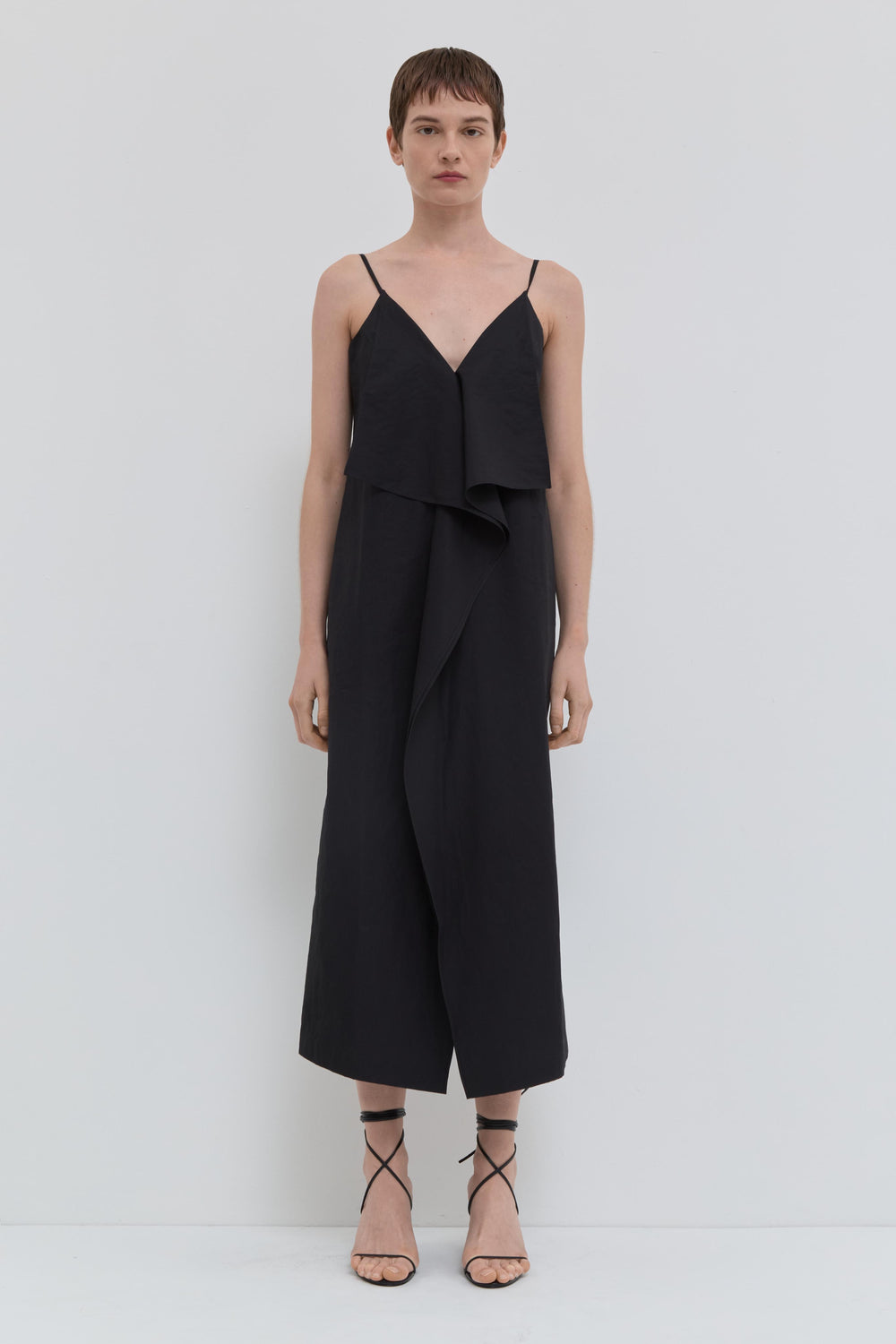 Black V-neck strap dress in cotton with front drape detail