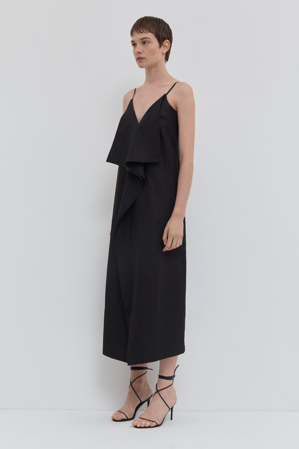 Black V-neck strap dress in cotton with front drape detail