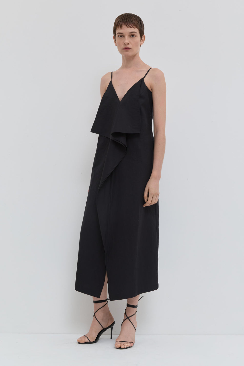 Black V-neck strap dress in cotton with front drape detail