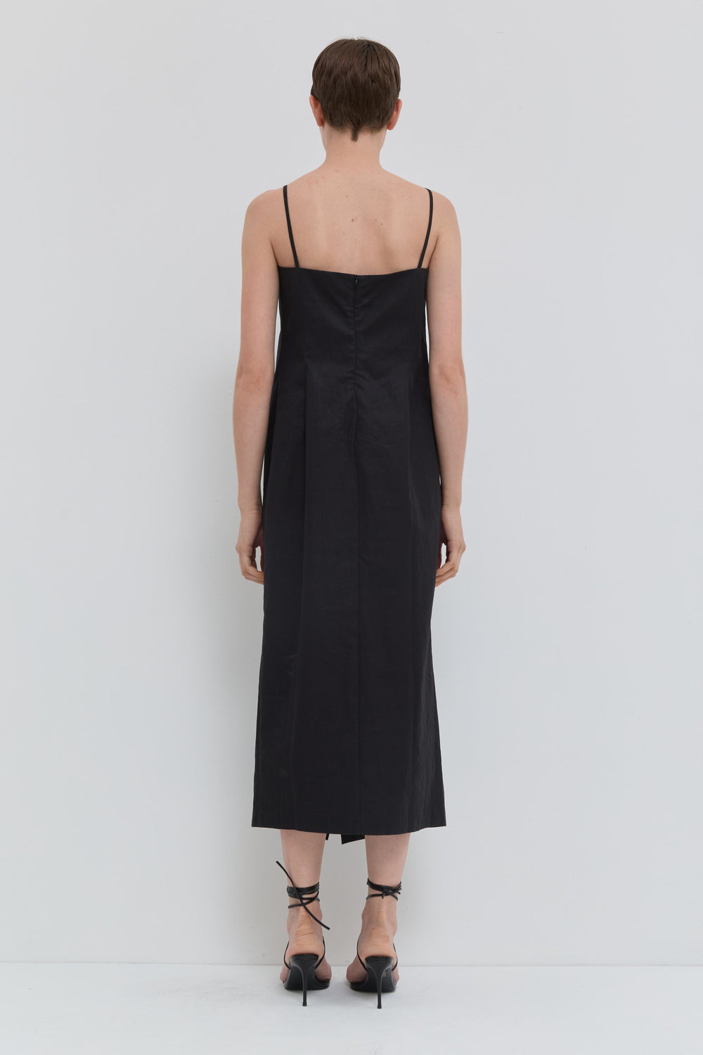 Black V-neck strap dress in cotton with front drape detail