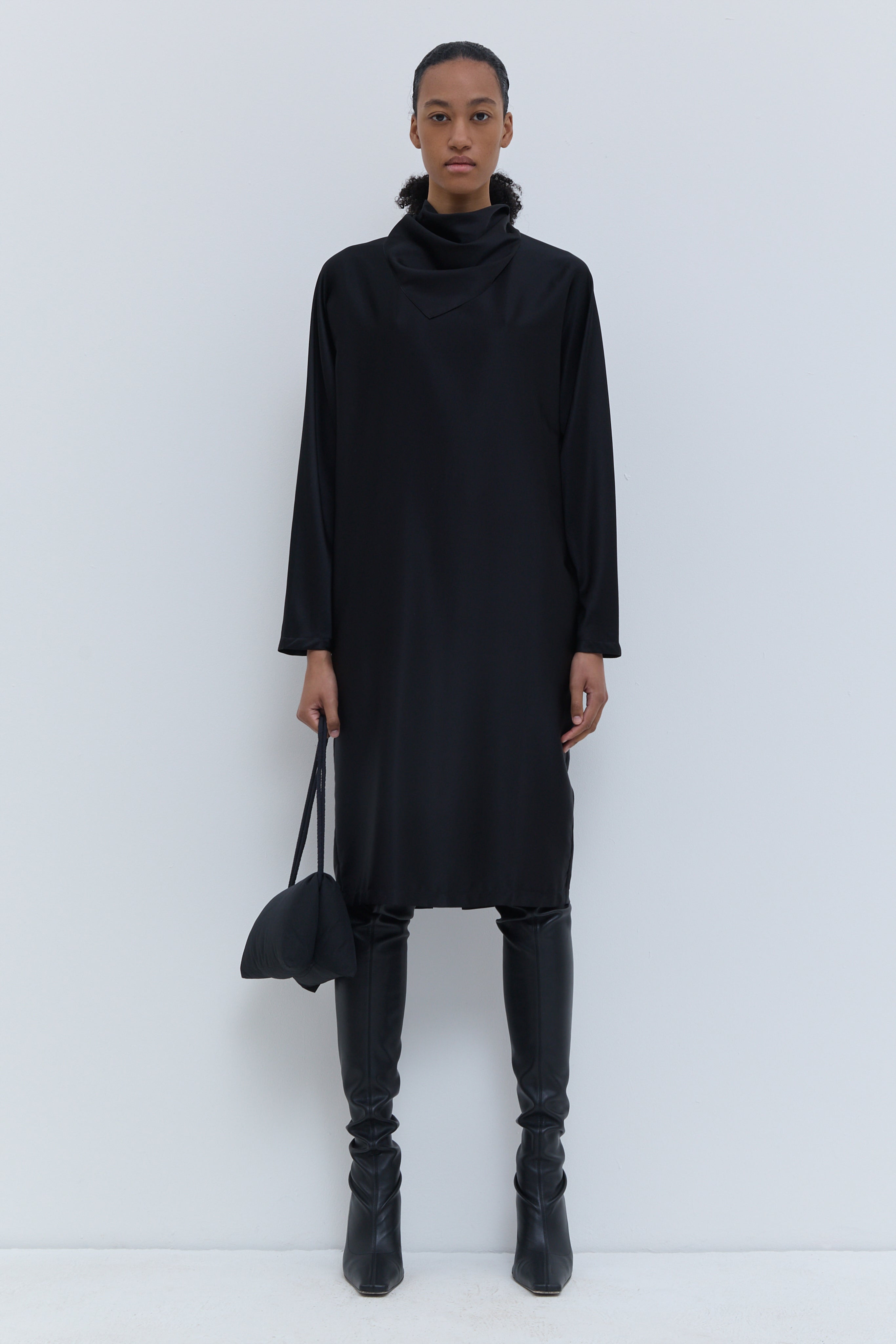 Christian Wijnants Deira black dress with long sleeves and detachable triangle scarf