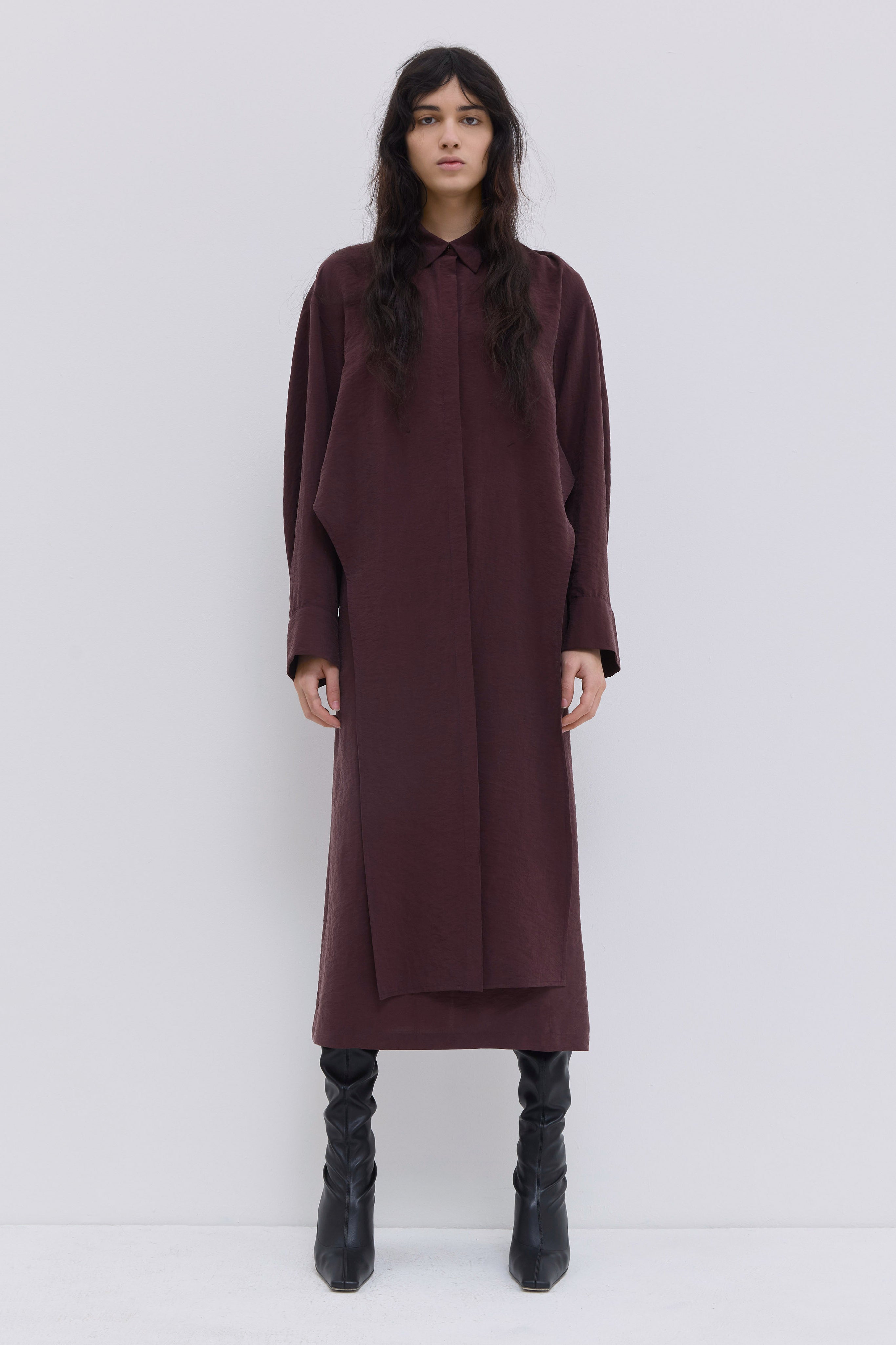 Delphi draped shirt dress in wine matte stretch satin