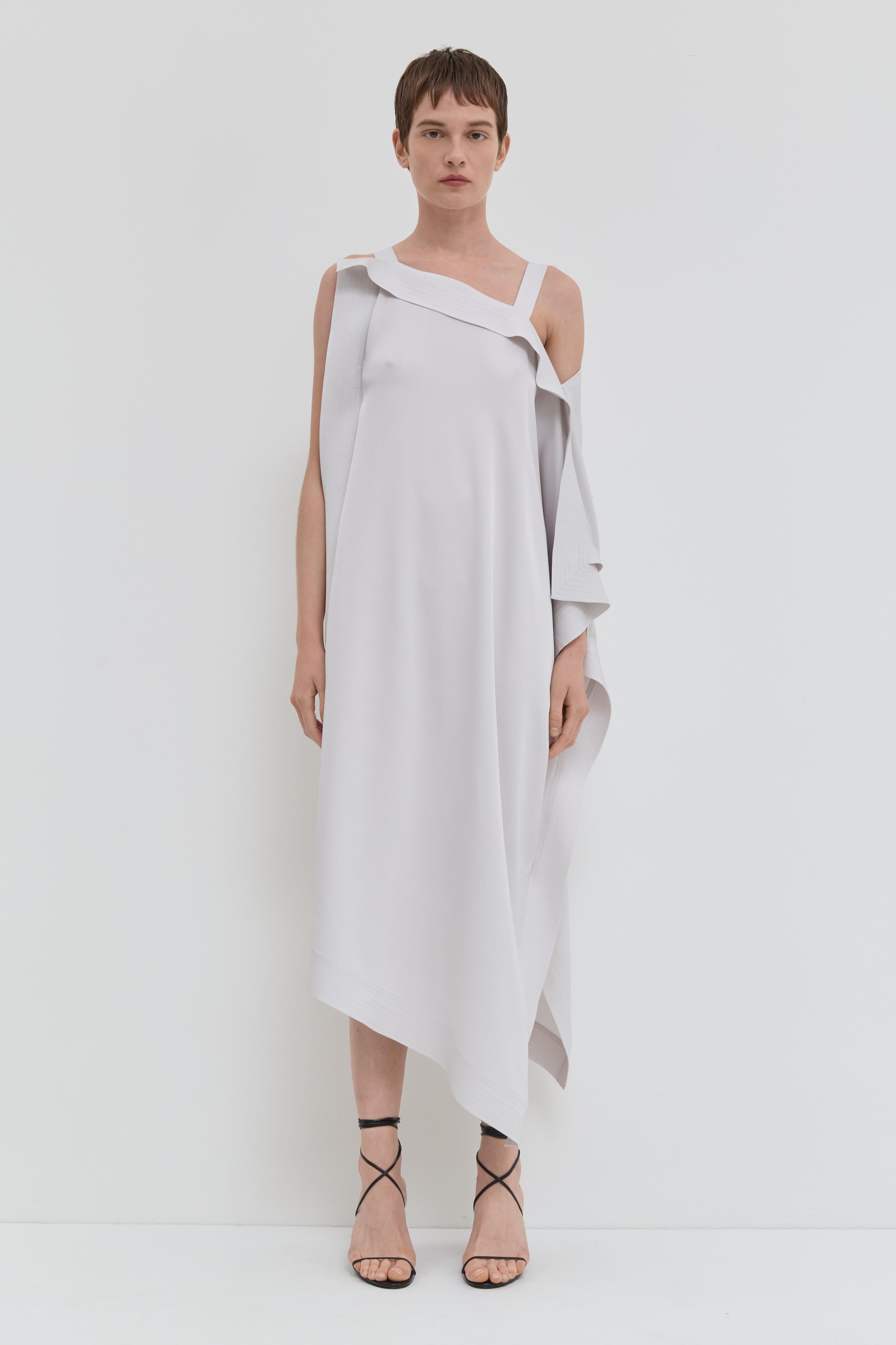 Smoke asymmetrical maxi dress in viscose with open shoulder detail