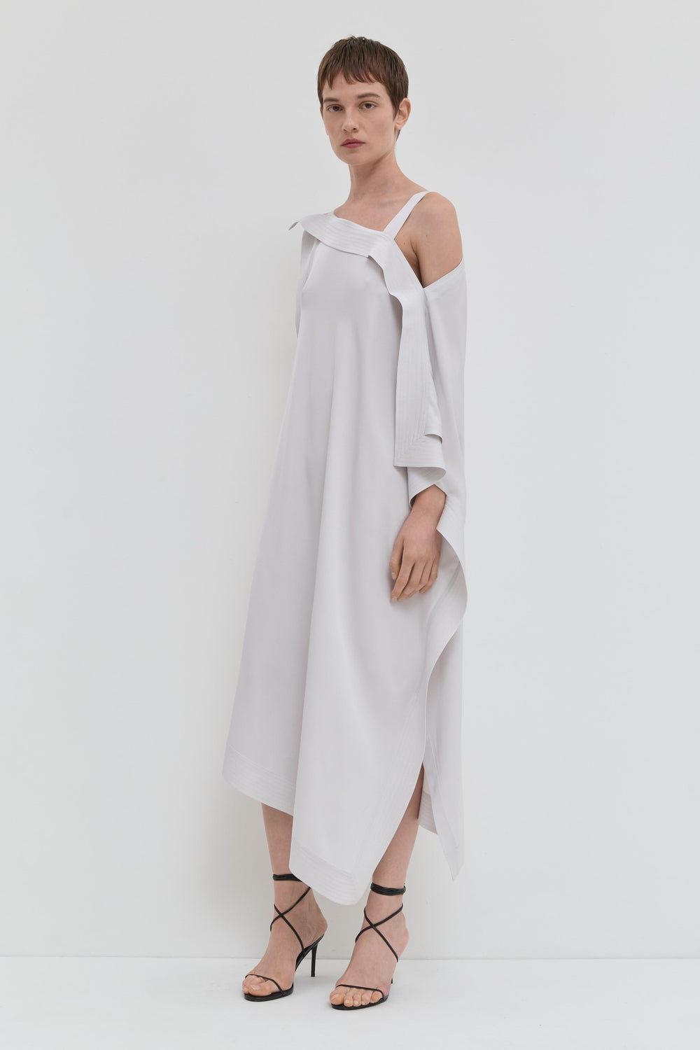 Smoke asymmetrical maxi dress in viscose with open shoulder detail