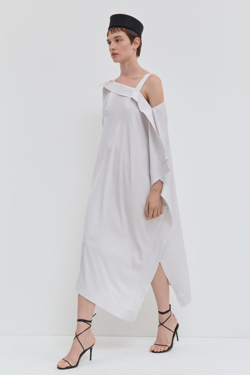 Smoke asymmetrical maxi dress in viscose with open shoulder detail walking