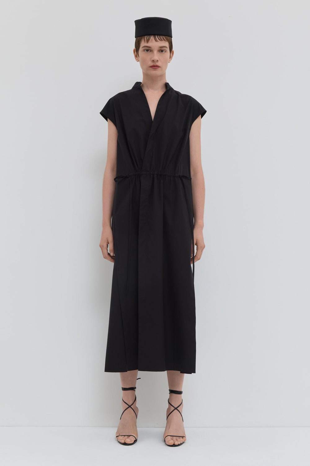 Doryas black cotton shirt dress with adjustable waist belt front view