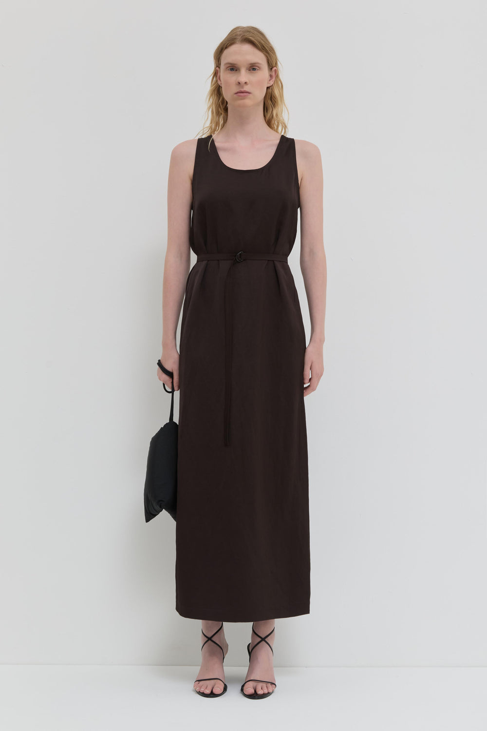 Chocolate tank dress with belt and minimal silhouette