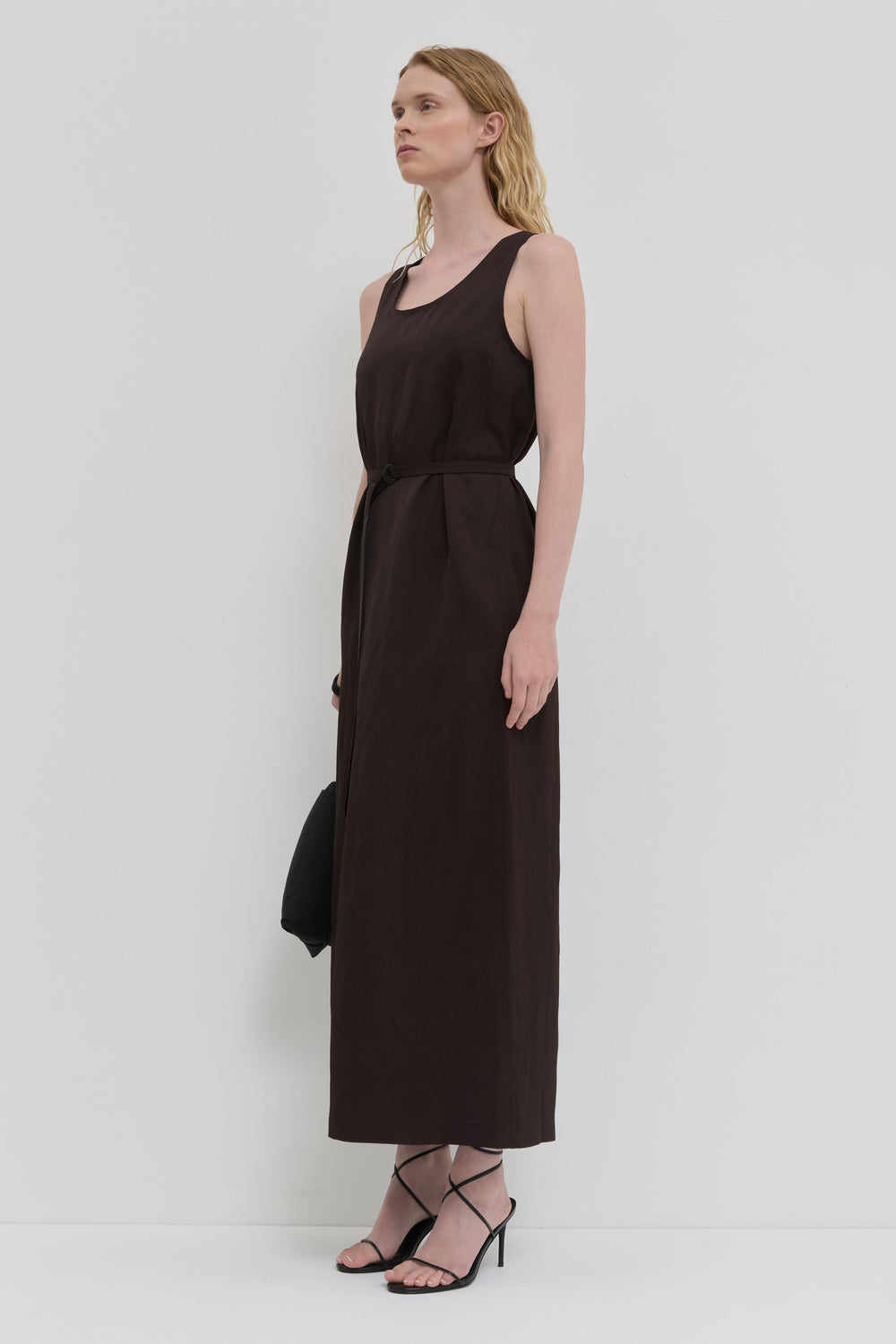 Chocolate tank dress with belt and minimal silhouette