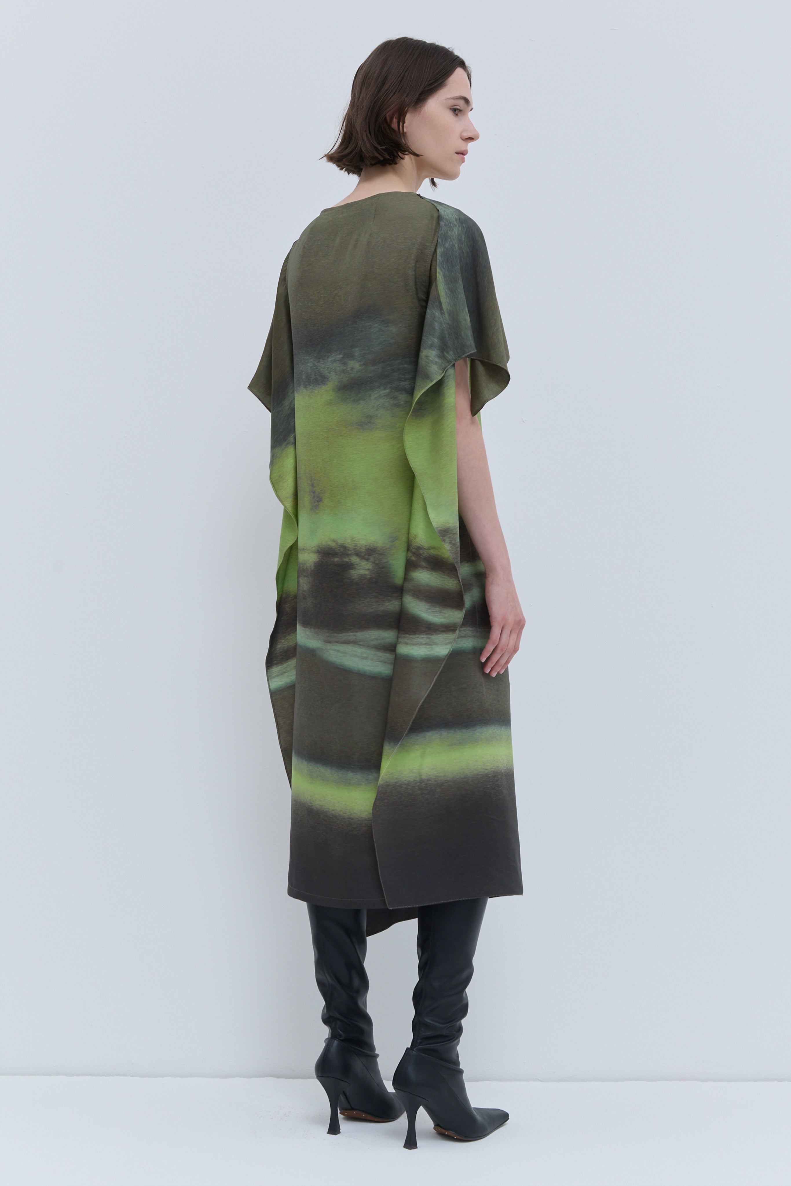 Christian Wijnants Durango sleeveless panel dress in Aurora Olive print with draped shoulder flap