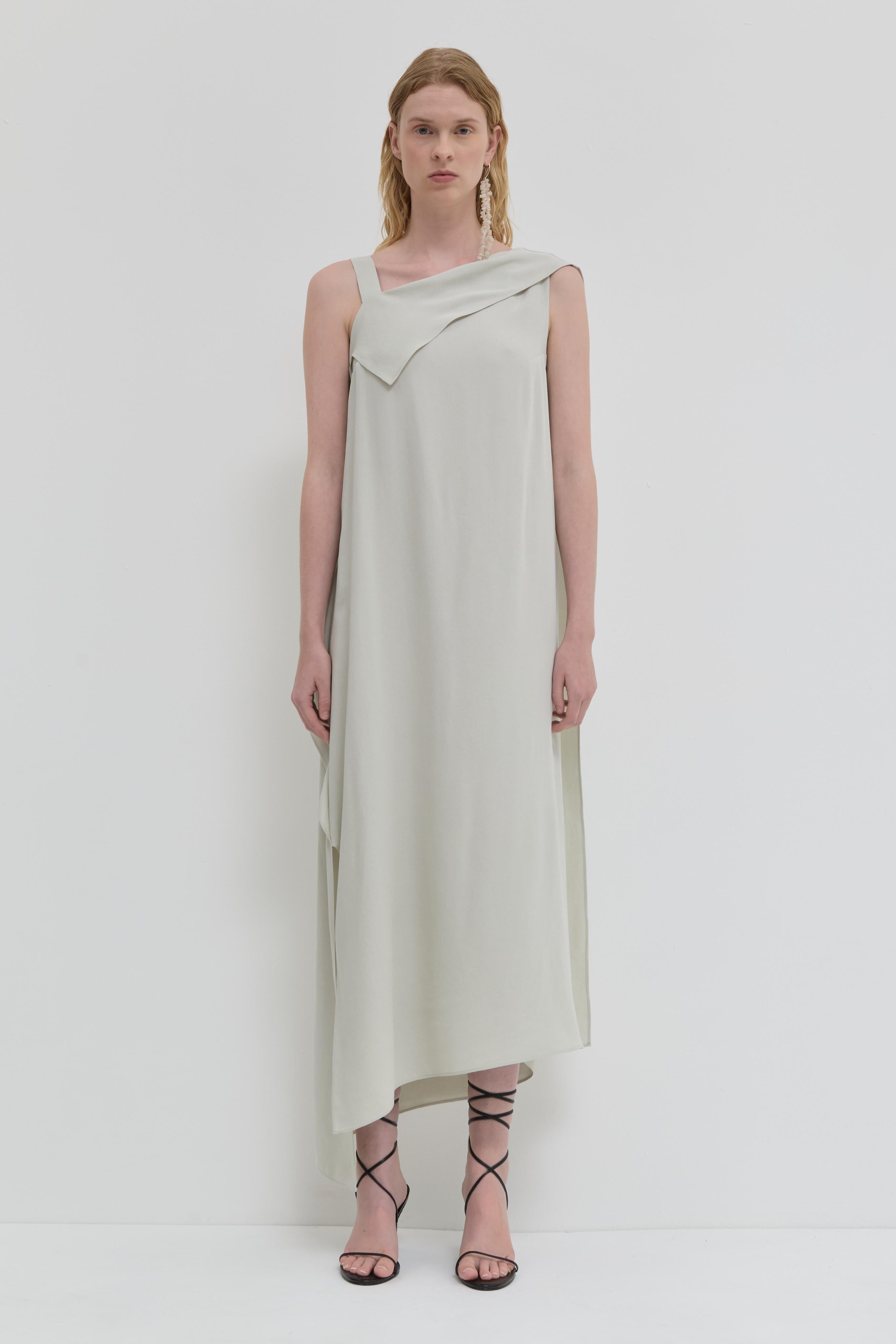 Cement asymmetrical viscose dress with shoulder strap and flap detail