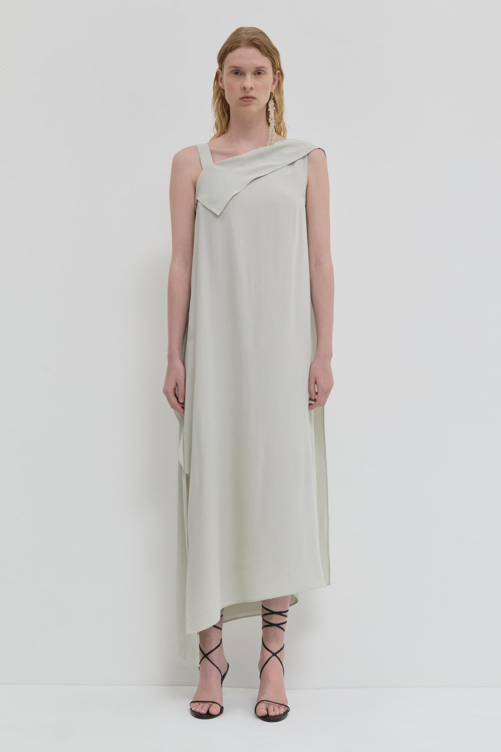 Cement asymmetrical viscose dress with shoulder strap and flap detail