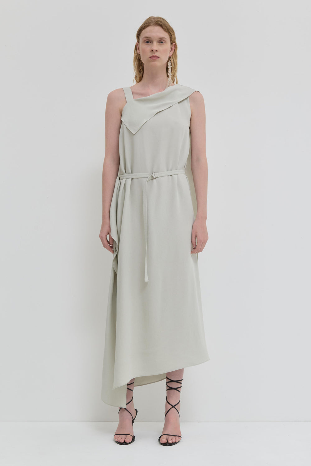 Cement asymmetrical viscose dress with shoulder strap and flap detail