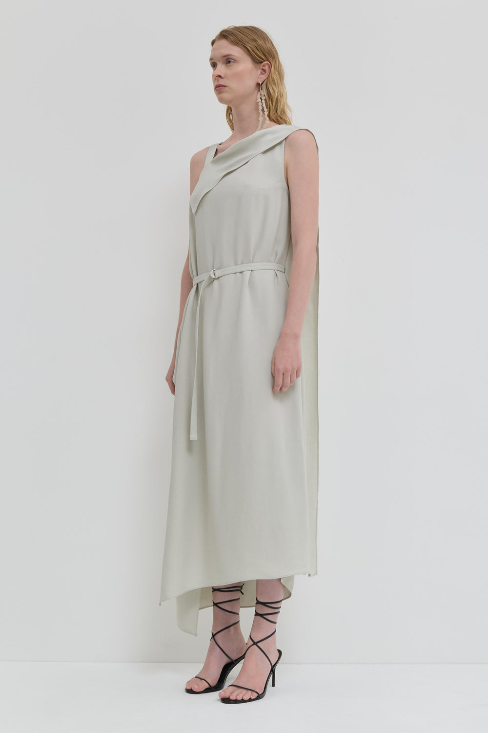 Cement asymmetrical viscose dress with shoulder strap and flap detail