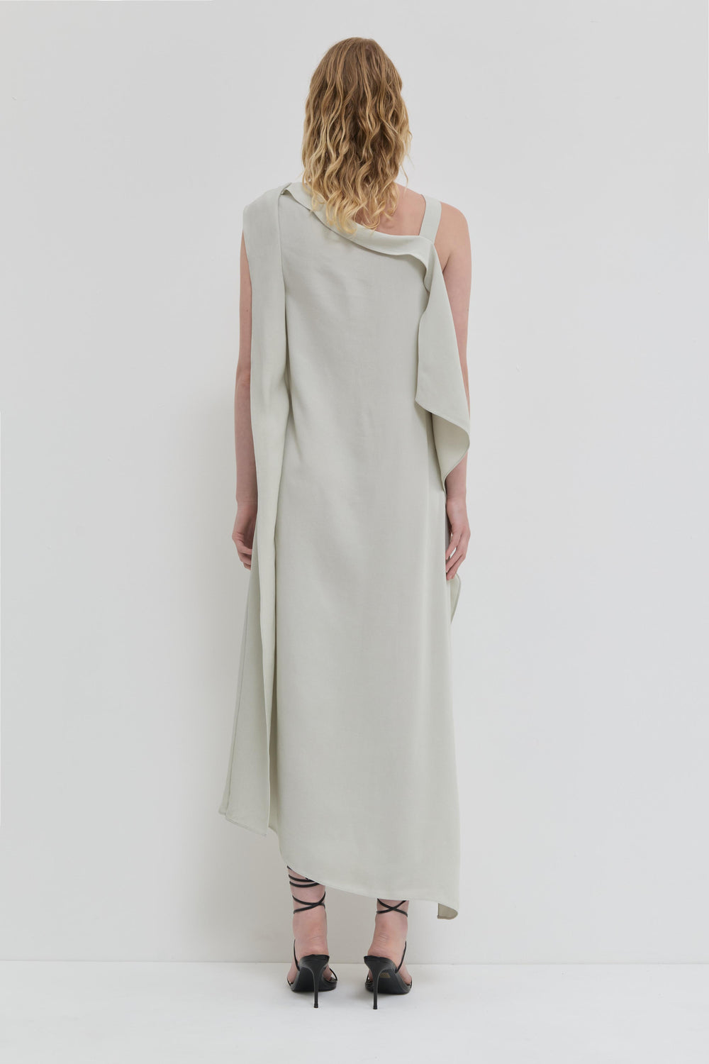 Cement asymmetrical viscose dress with shoulder strap and flap detail