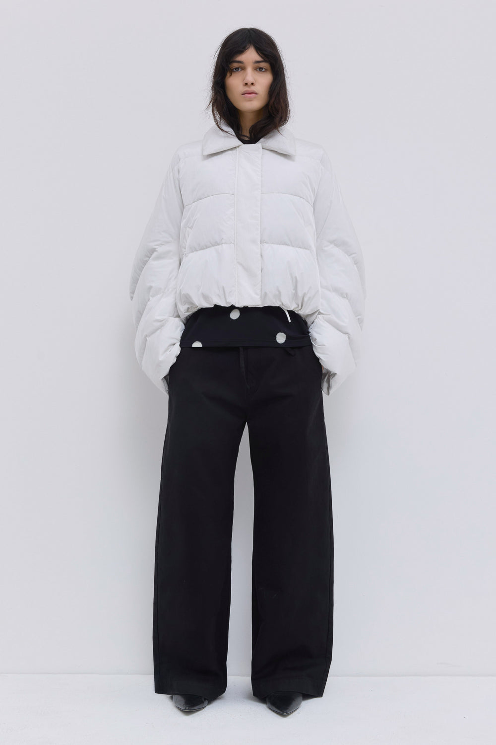 Jani cropped down jacket in off white soft water-repellent nylon.