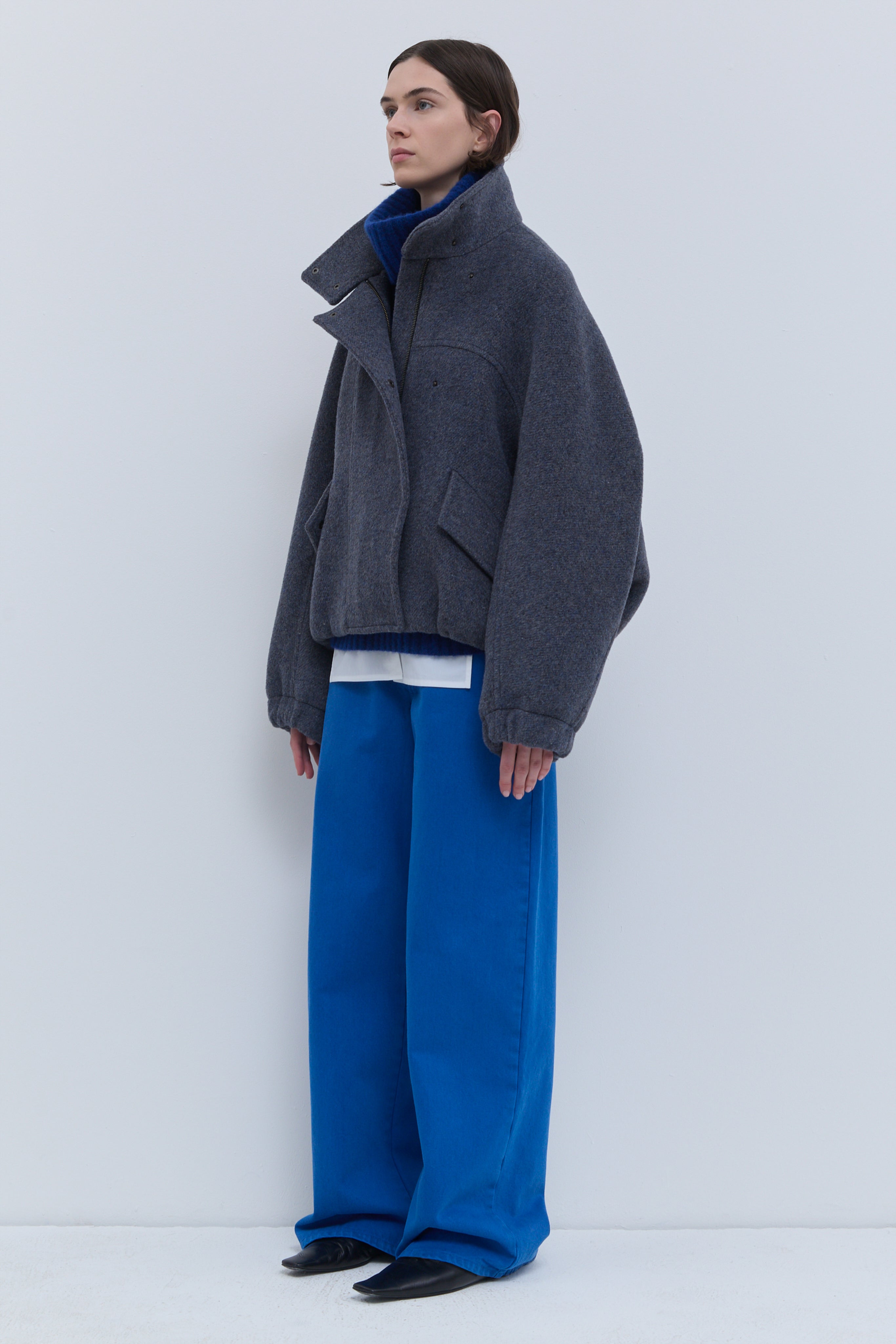 Christian Wijnants Japuto wool bomber jacket in Dust Blue with high collar and relaxed fit