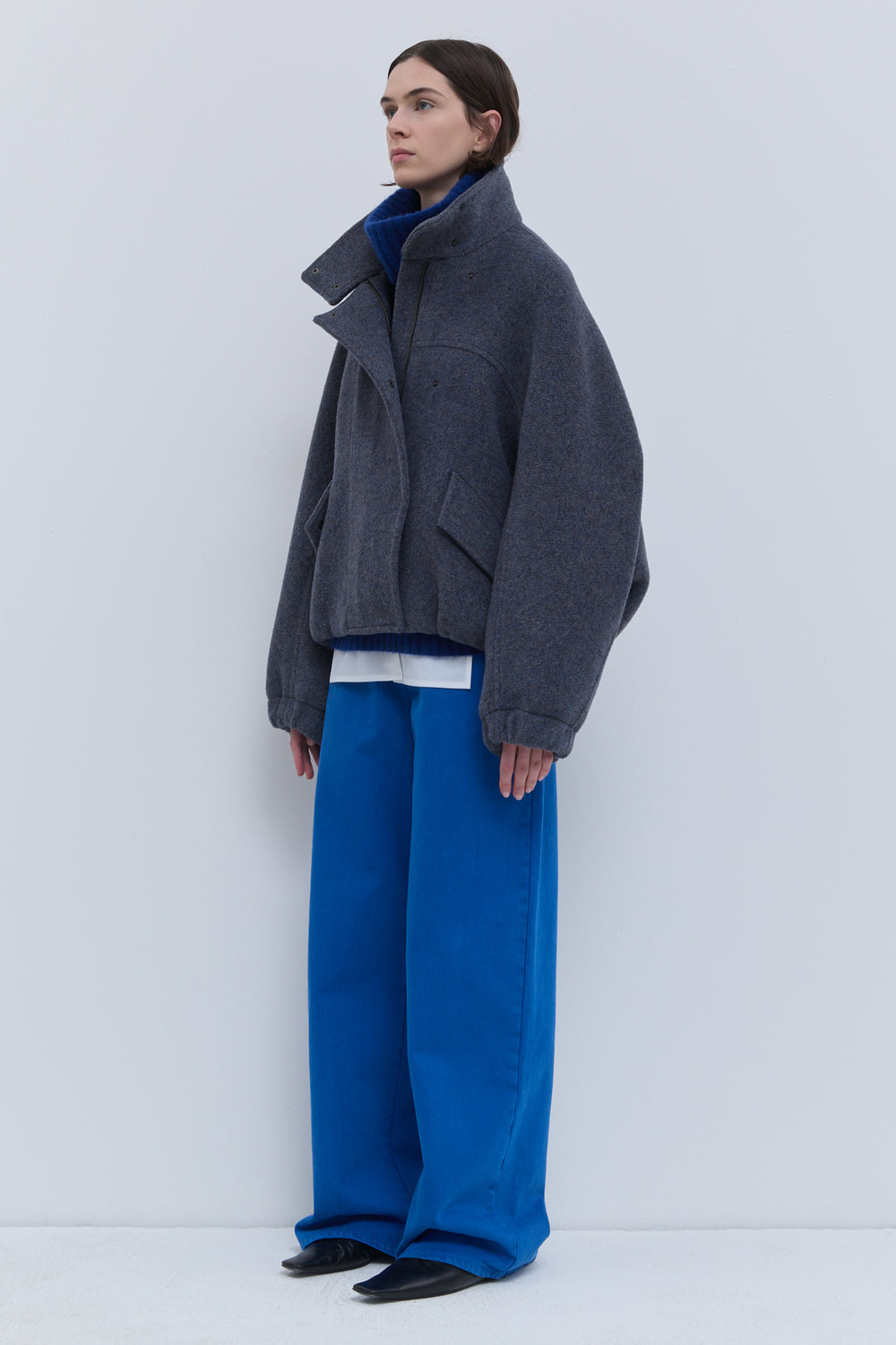 Christian Wijnants Japuto wool bomber jacket in Dust Blue with high collar and relaxed fit