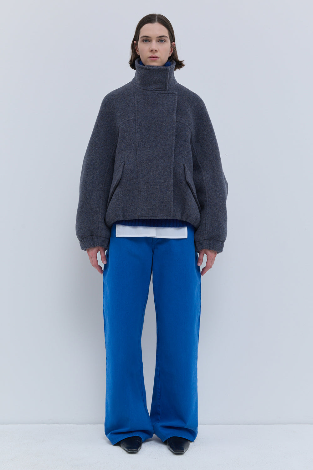 Christian Wijnants Japuto jacket in Dust Blue alpaca wool blend with oversized sleeves and high neck