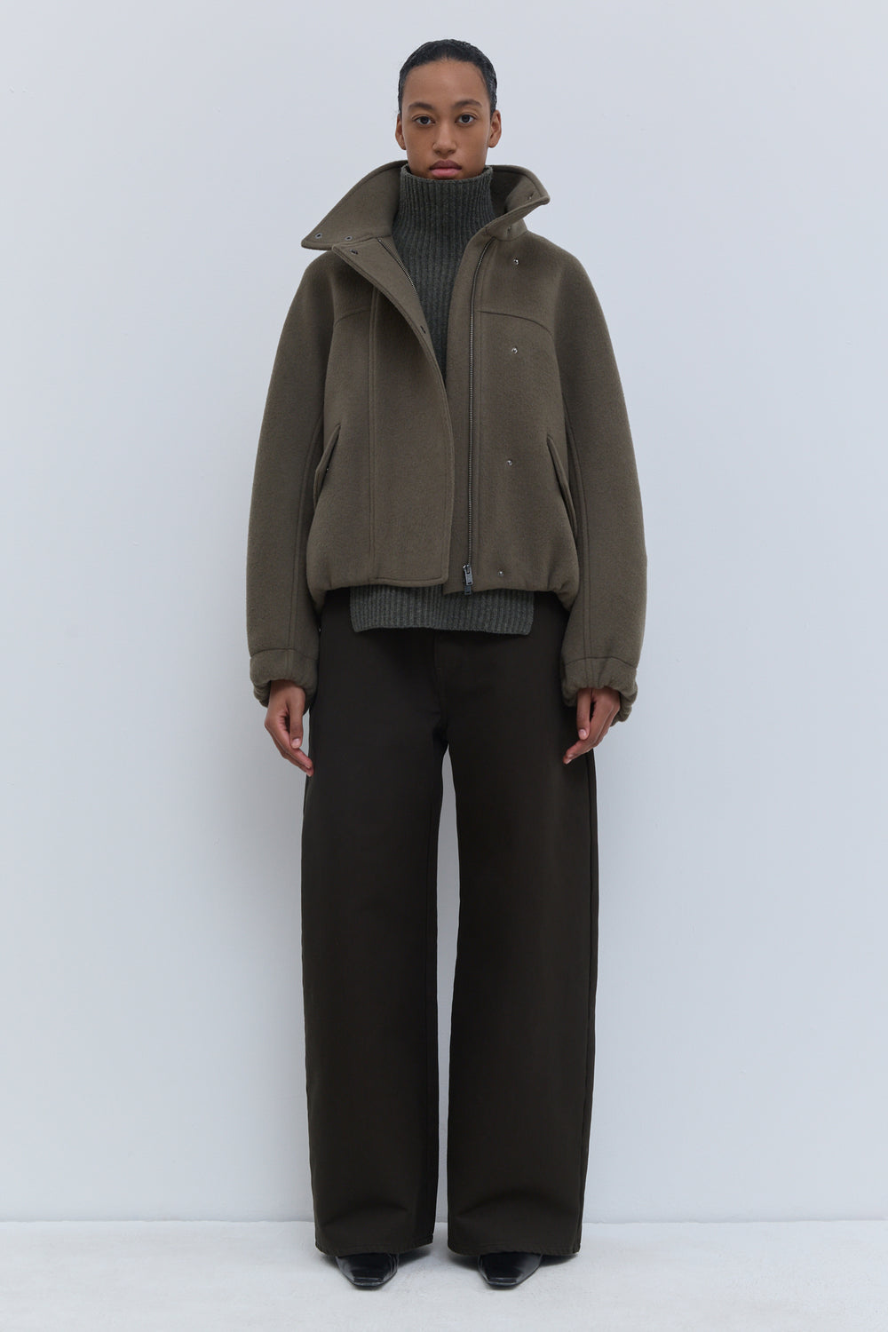 Christian Wijnants Japuto wool bomber jacket in Laurel with high collar and relaxed fit
