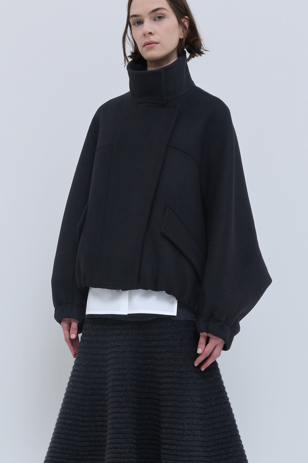 Christian Wijnants Japuto black alpaca wool bomber jacket with concealed zip and snap-button fastening