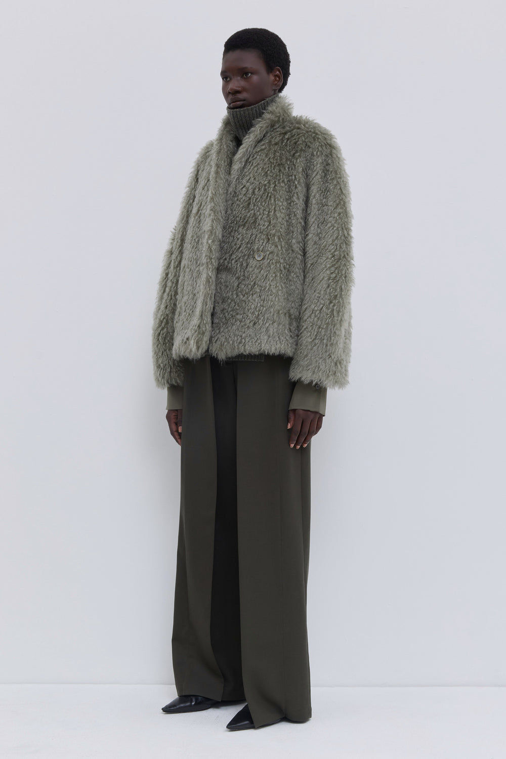 Women’s sage mohair faux fur jacket with luxurious textured finish.