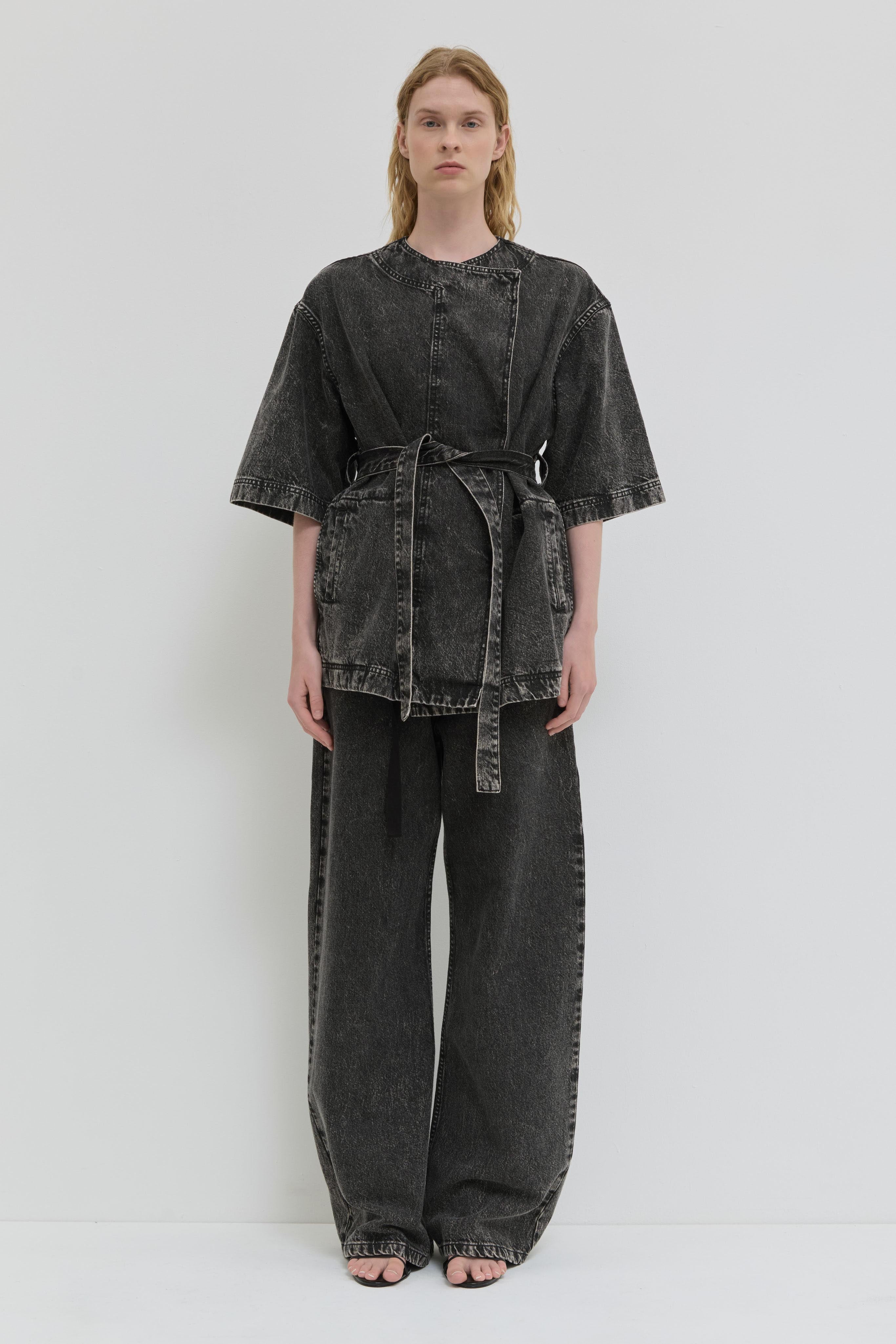 Dark denim jacket with short kimono sleeves and belt detail