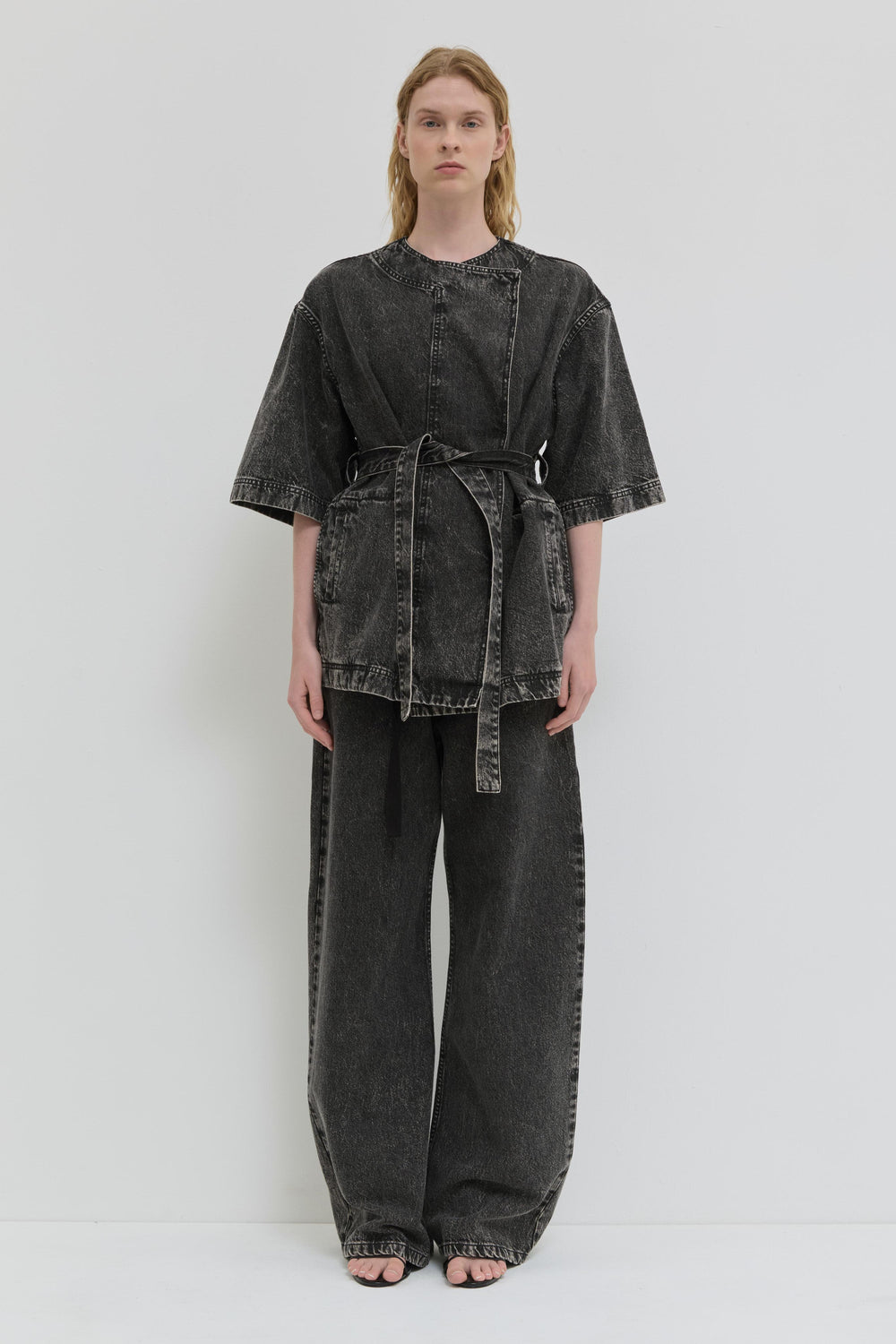 Dark denim jacket with short kimono sleeves and belt detail