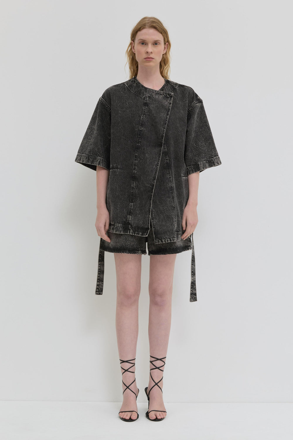 Dark denim jacket with short kimono sleeves and belt detail