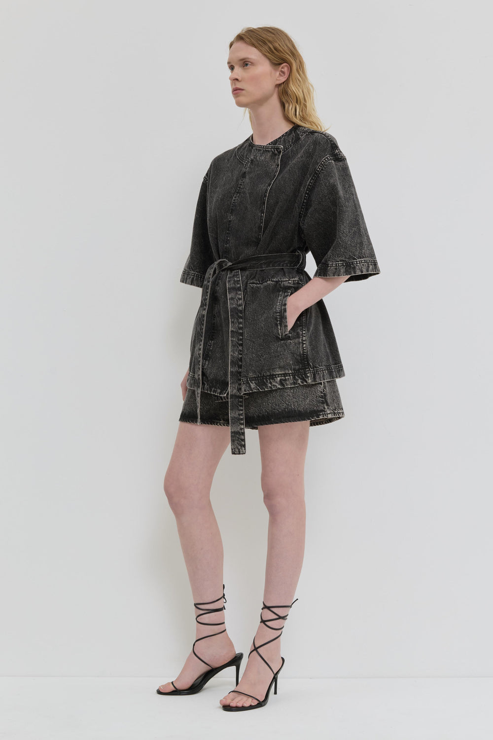 Dark denim jacket with short kimono sleeves and belt detail