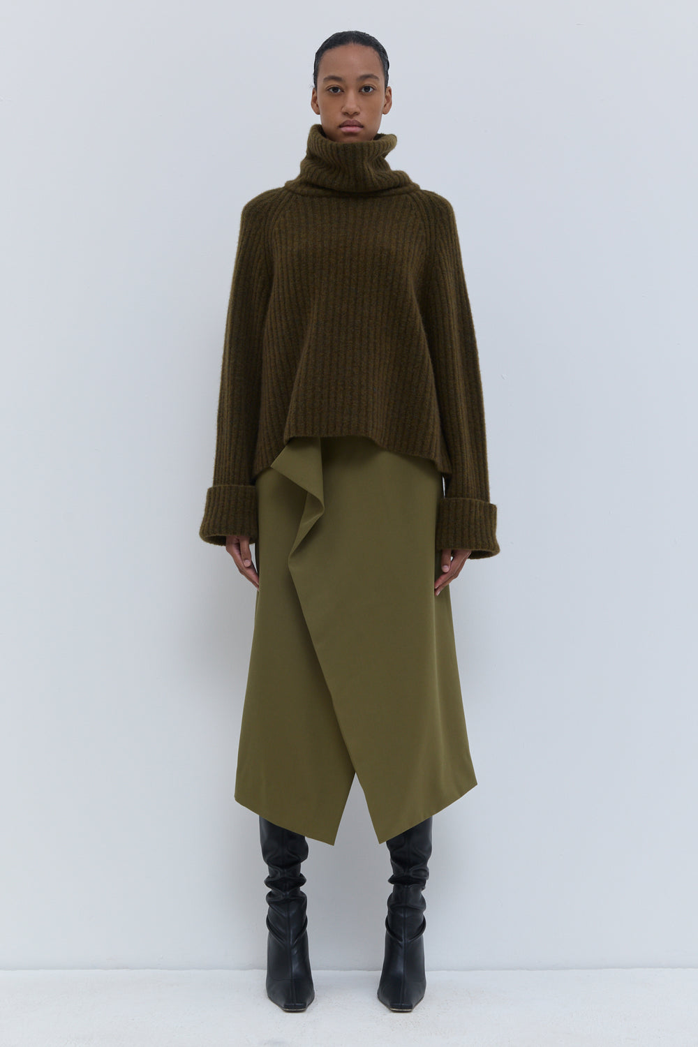 Military green Christian Wijnants sweater with large high collar and ribbed texture