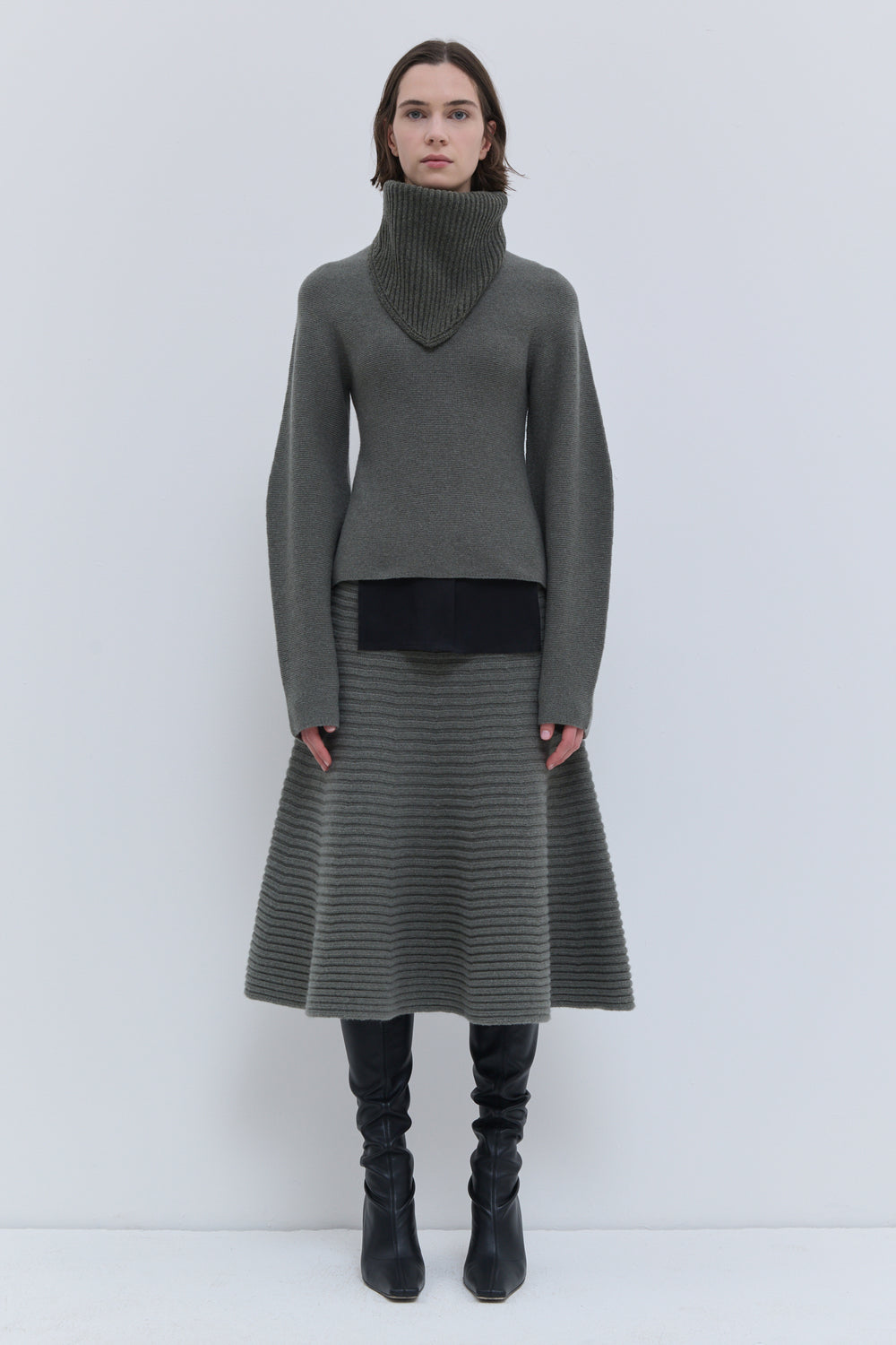 Kapri forest melange ribbed knit hat scarf by Christian Wijnants