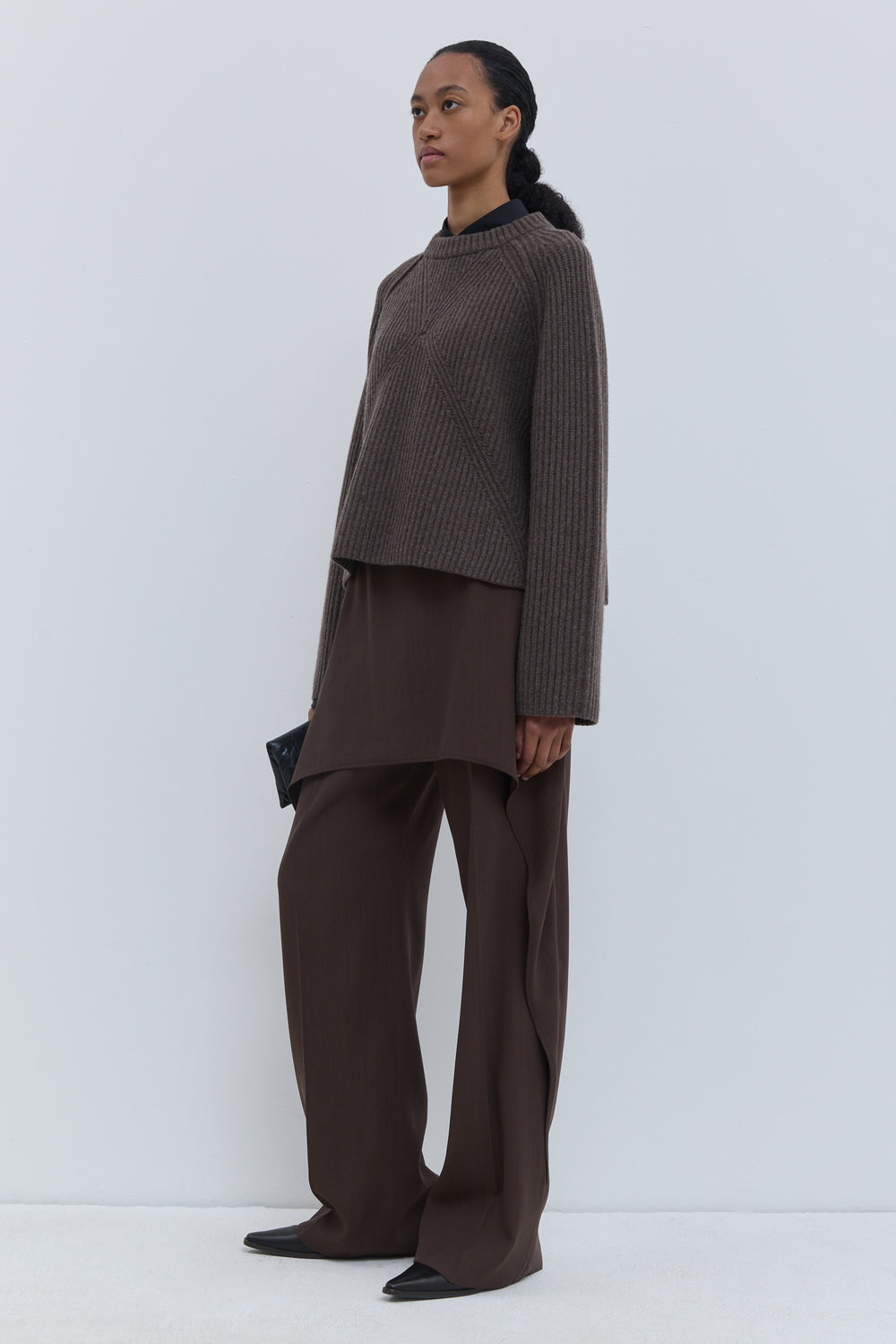 Yak melange rib-knit sweater with crossed front detail
