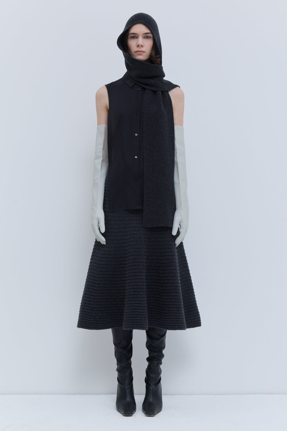 Charcoal wool hooded scarf with elongated scarf design