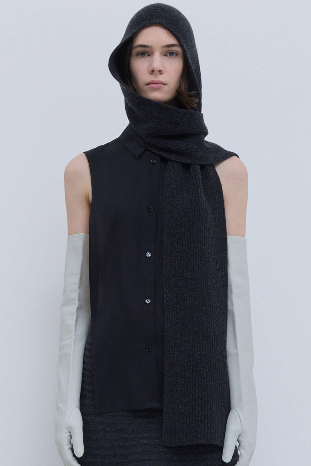 Christian Wijnants Kitia hooded scarf in charcoal 100% superfine wool