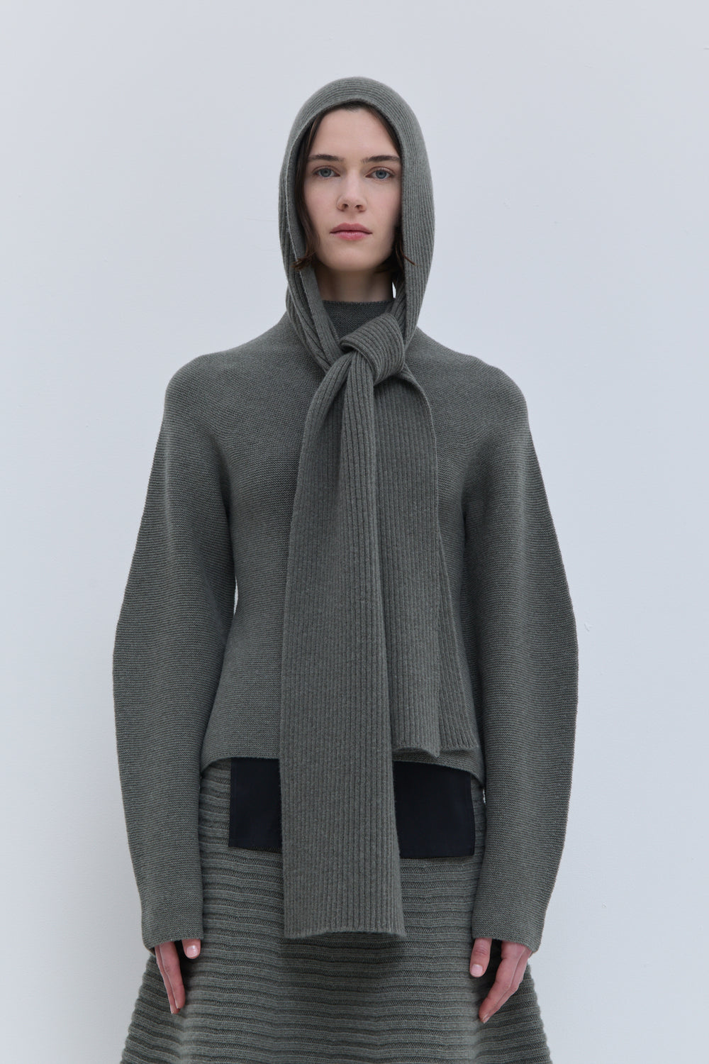 Christian Wijnants Kitia hooded scarf in laurel melange 100% superfine wool