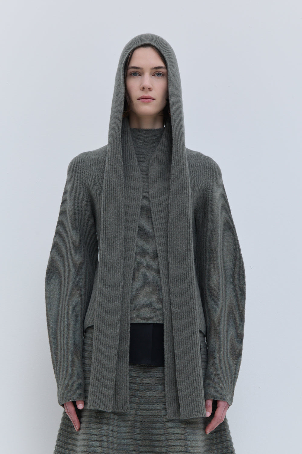 Kitia laurel melange hooded scarf in soft ribstitch knit