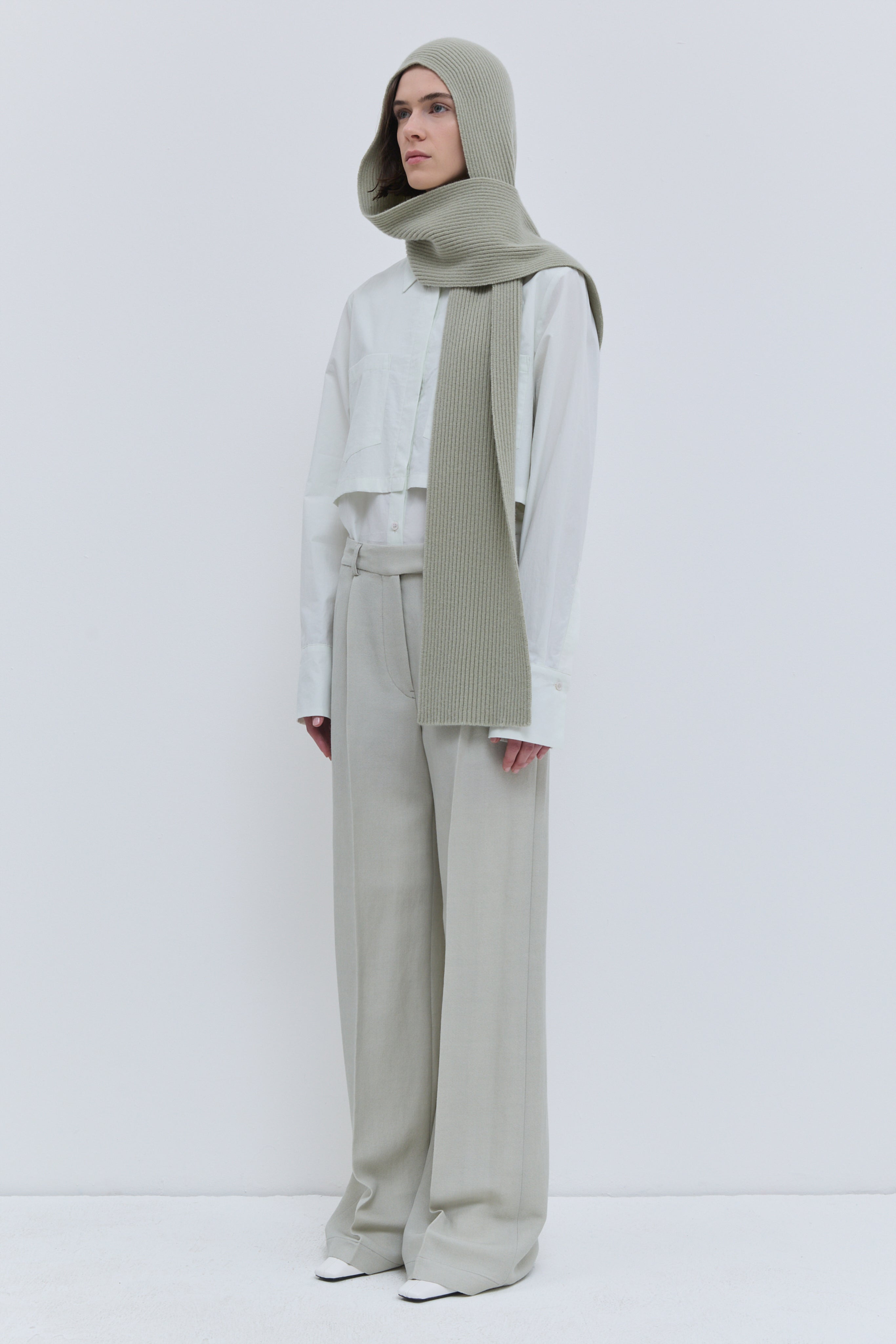Christian Wijnants Kitia hooded scarf in light sage 100% superfine wool