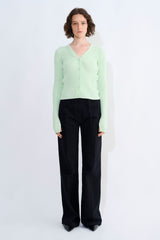 Kloe Ribbed V-Neck Cardigan With Slit Detail At Cuff