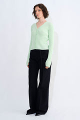 Kloe Ribbed V-Neck Cardigan With Slit Detail At Cuff
