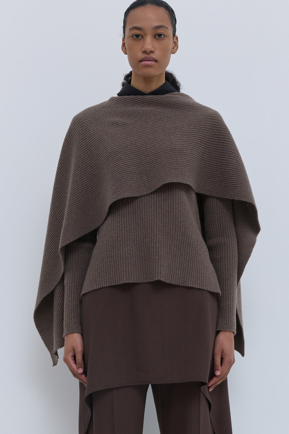 Kovira ribbed knit sweater styled with wide-leg trousers